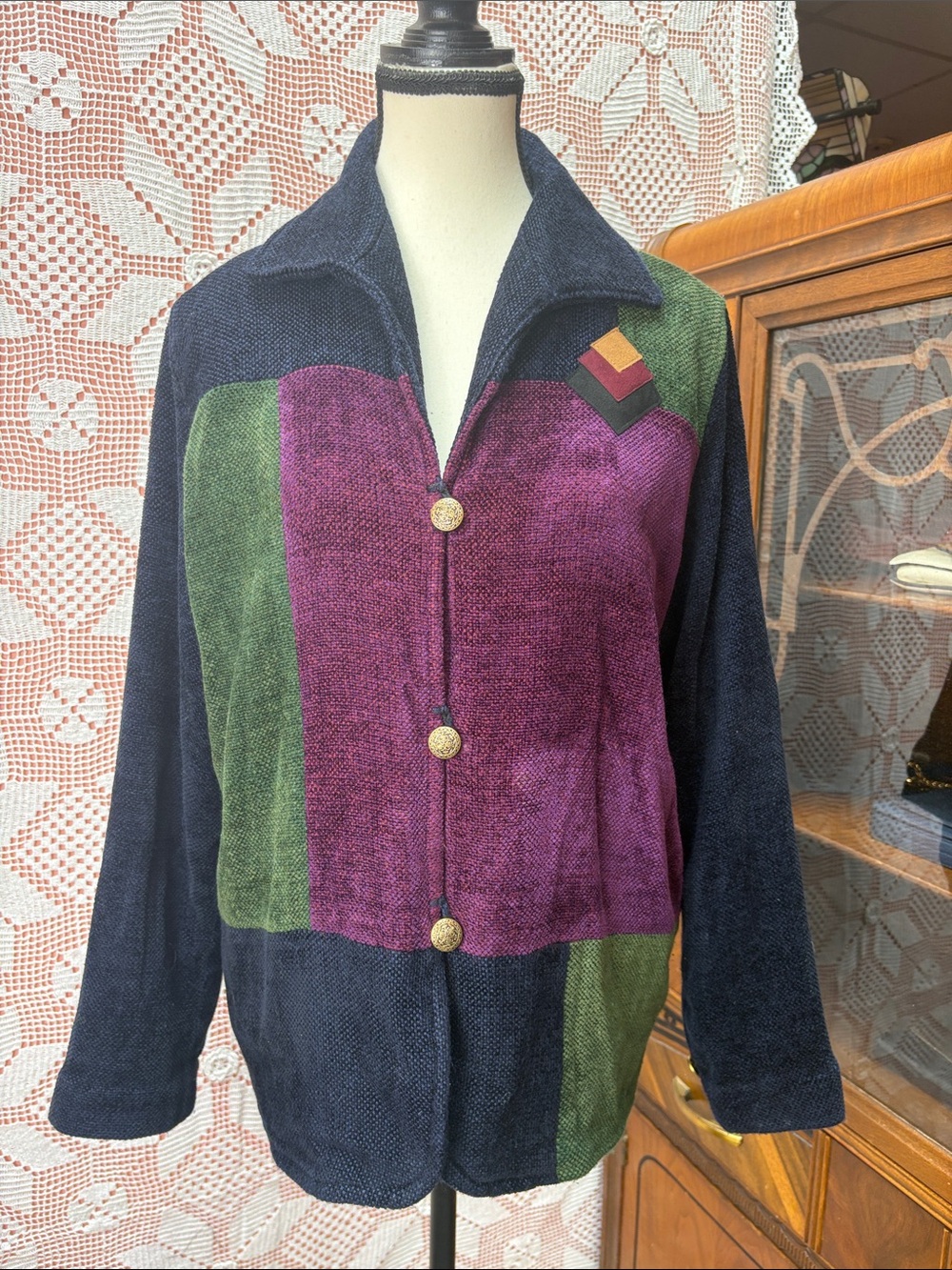 Vintage Hand Woven Color Block Jacket Shallow Lake Ontario Sz Lg